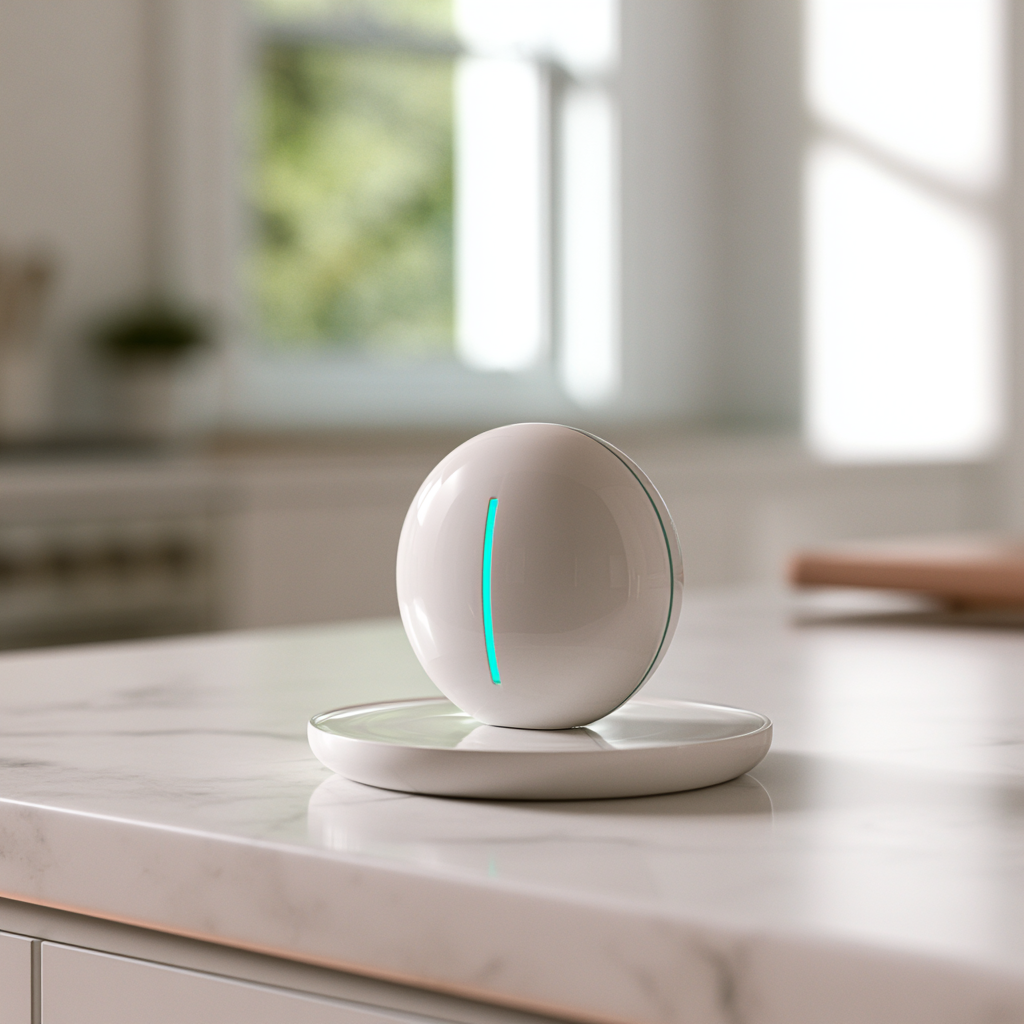 Nuriva device on its charging dock, product render on a kitchen countertop
