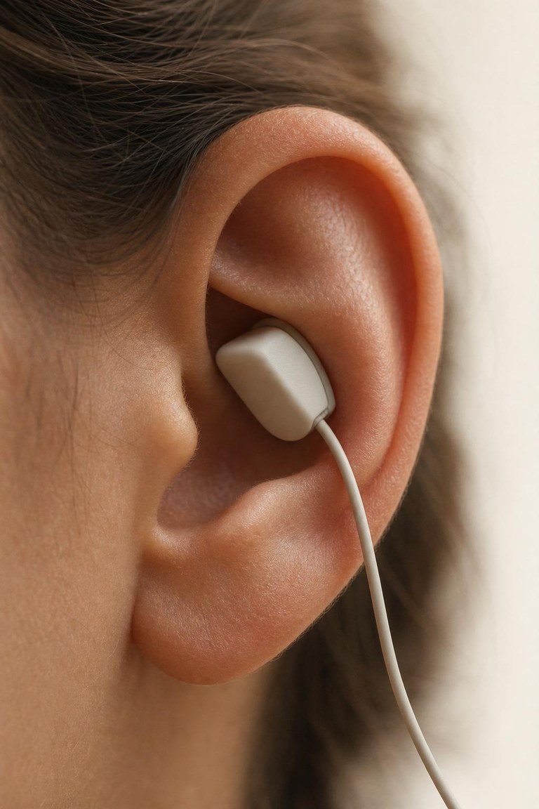 [Hero device shot — ear three-quarter, soft daylight]